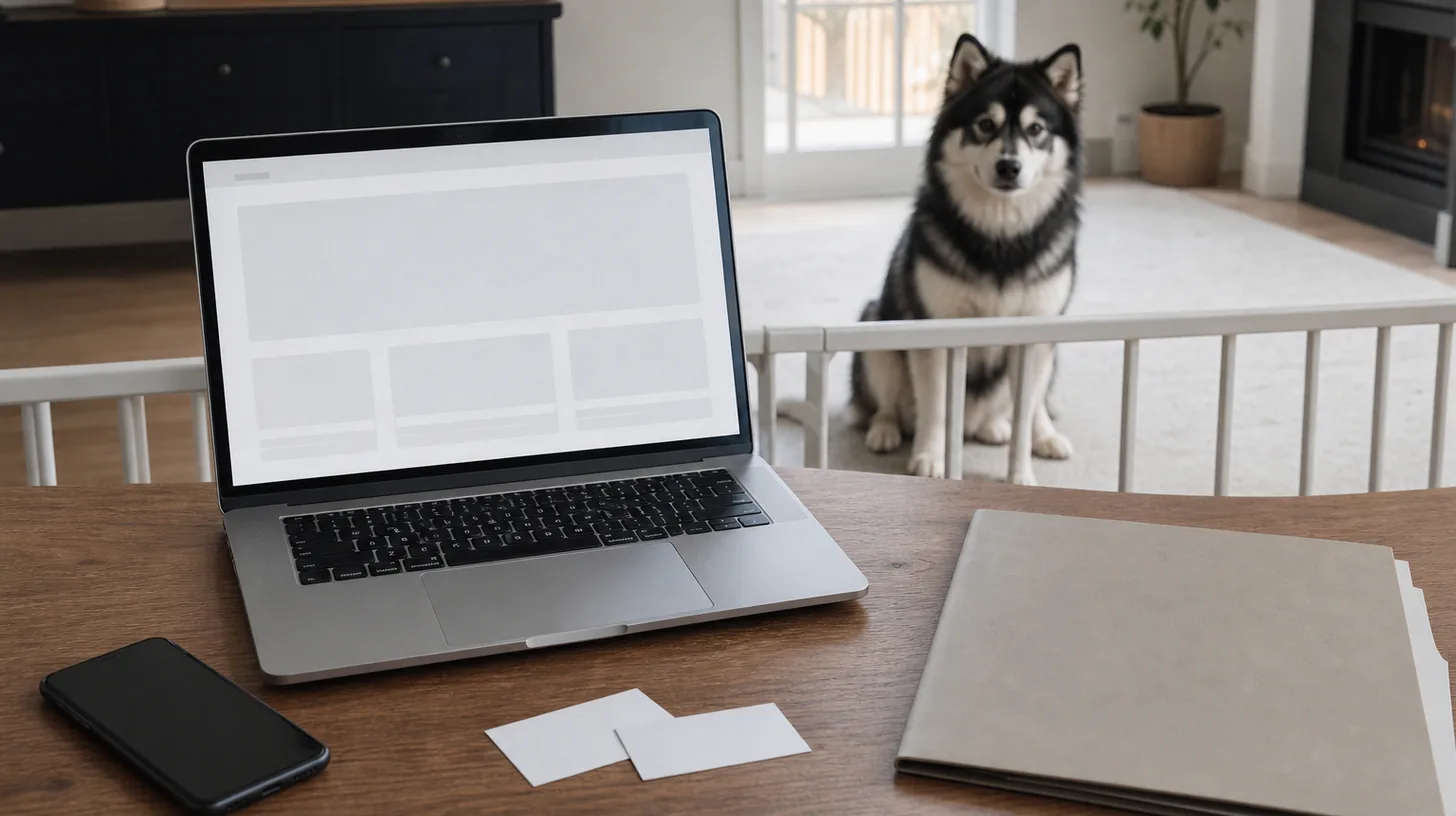 A blank website, face-down phone and matching contact cards are reviewed away from a gated Pomsky