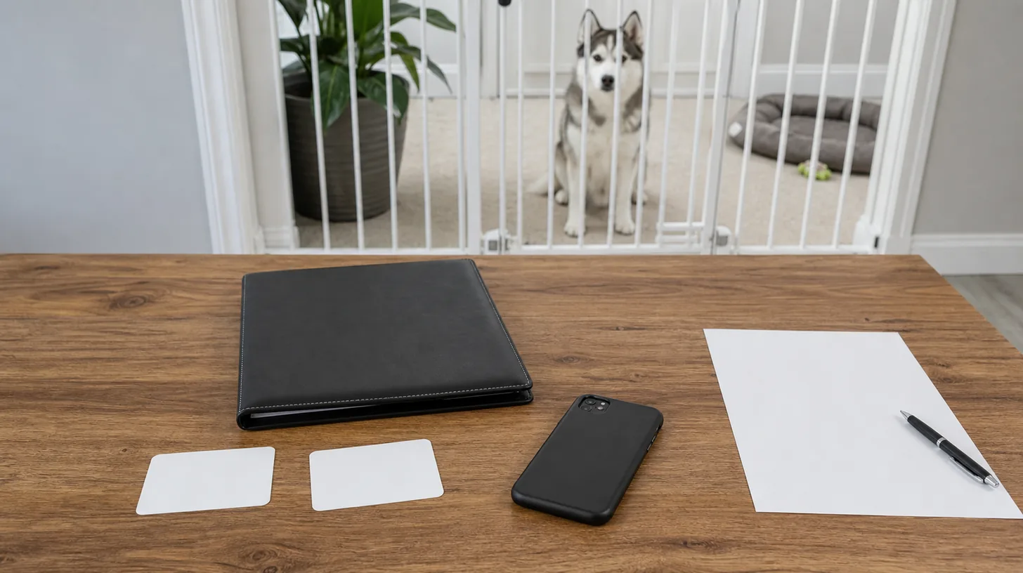 Blank old and new payment-route cards sit with a contract folder and face-down phone away from a gated Pomsky