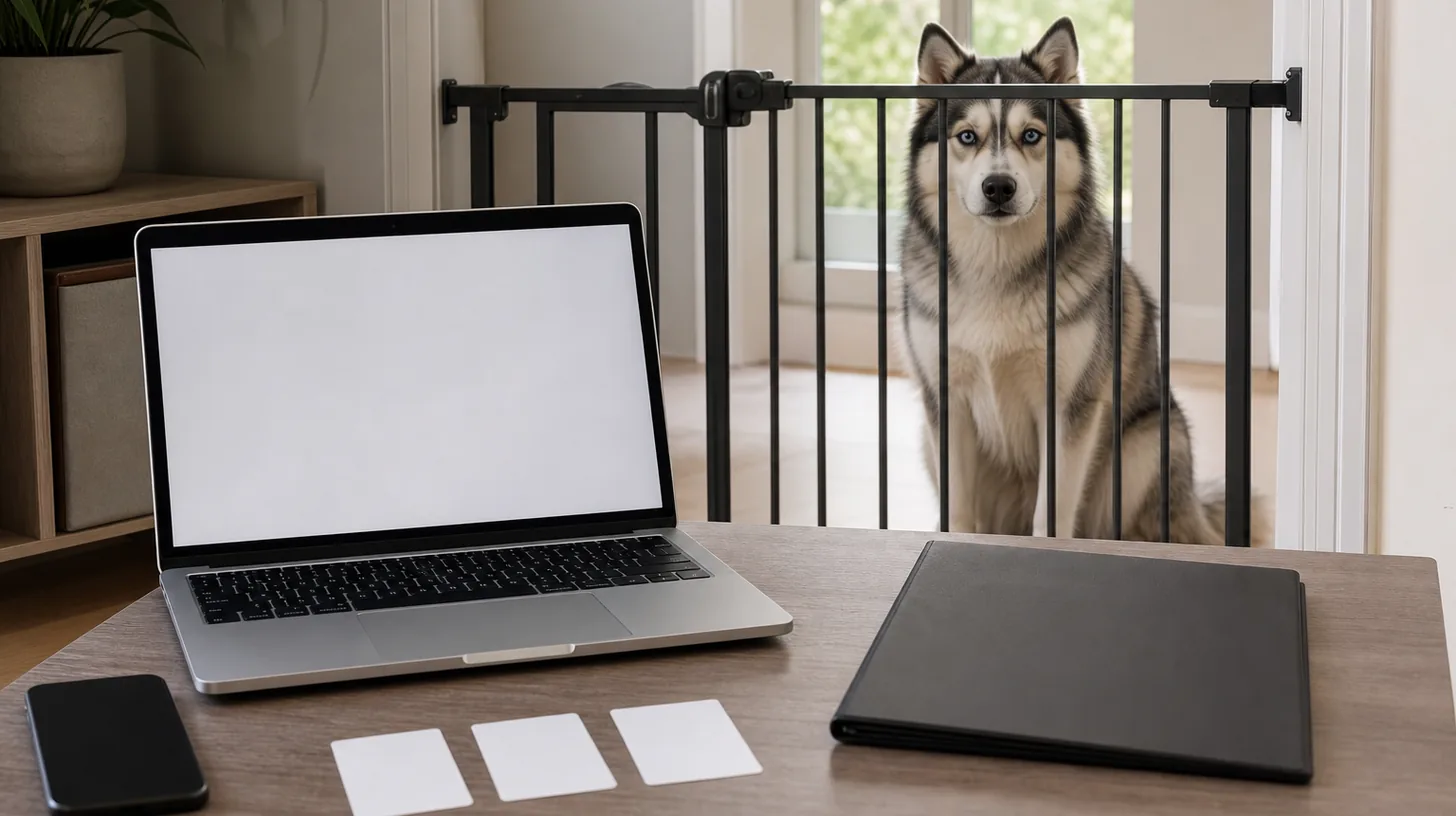 Blank identity cards, a message screen, phone and contract folder are reviewed away from a gated Pomsky