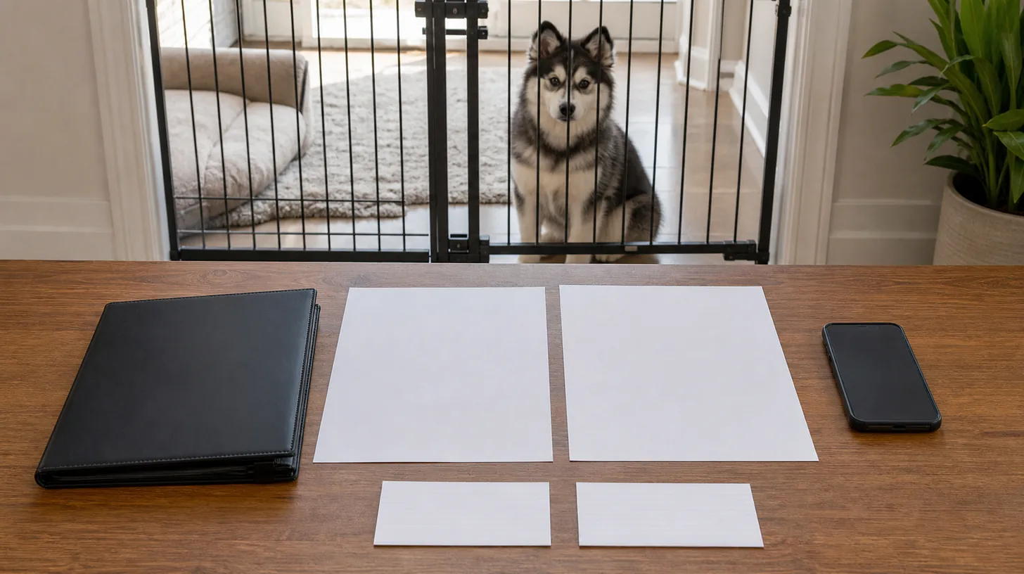 Blank original and revised invoice sheets sit with a contract folder and face-down phone away from a gated Pomsky