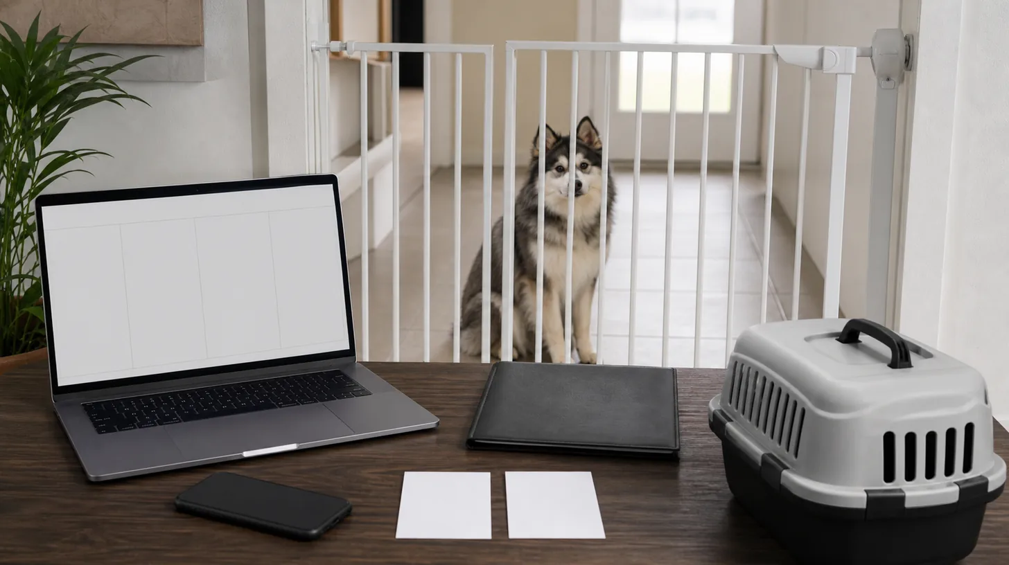 Blank tracking records, route cards, a contract folder and carrier are reviewed away from a gated Pomsky