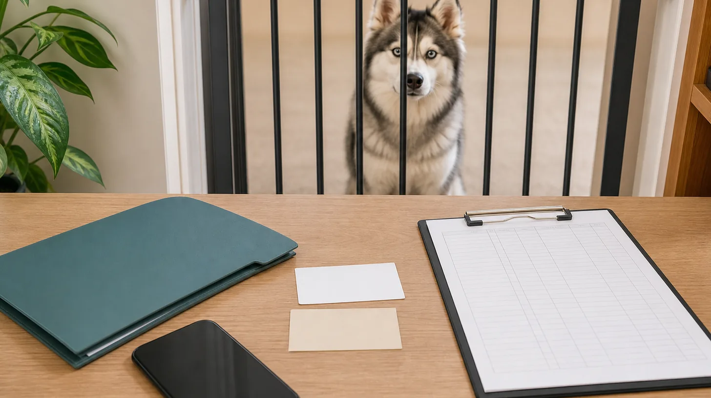 Blank veterinary contact cards, records and a verification log are reviewed away from a gated Pomsky