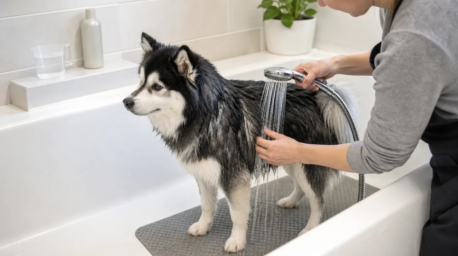 Caregiver rinses one section of a wet Pomsky coat with gentle water away from the face
