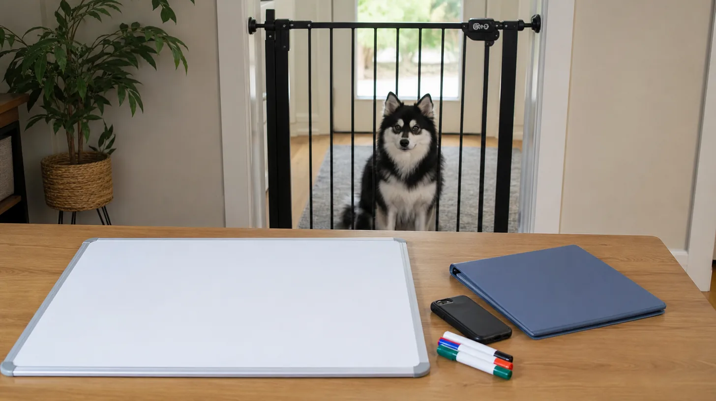 A blank whiteboard, capped markers and closed care folders sit away from a gated Pomsky