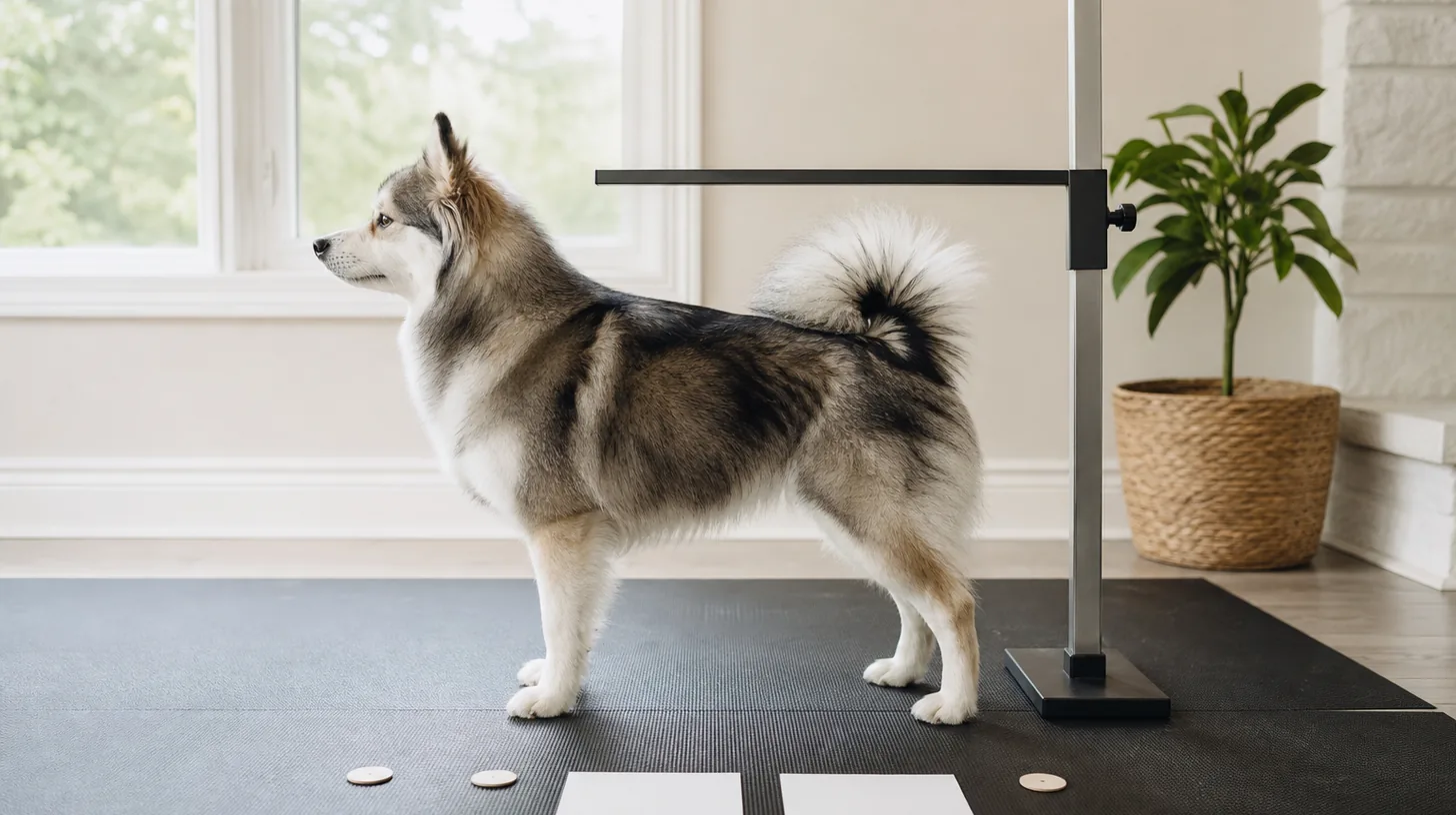 Pomsky stands naturally on a nonslip surface beside a freestanding right angle height wicket and blank record cards