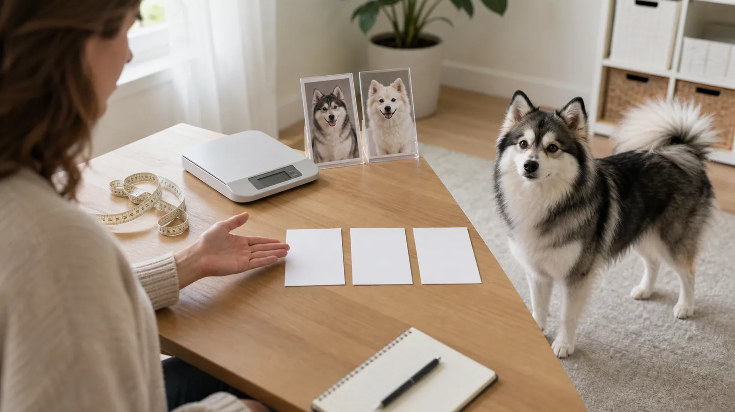 Pomsky buyer compares a puppy measurement with parent photo cards and blank size records
