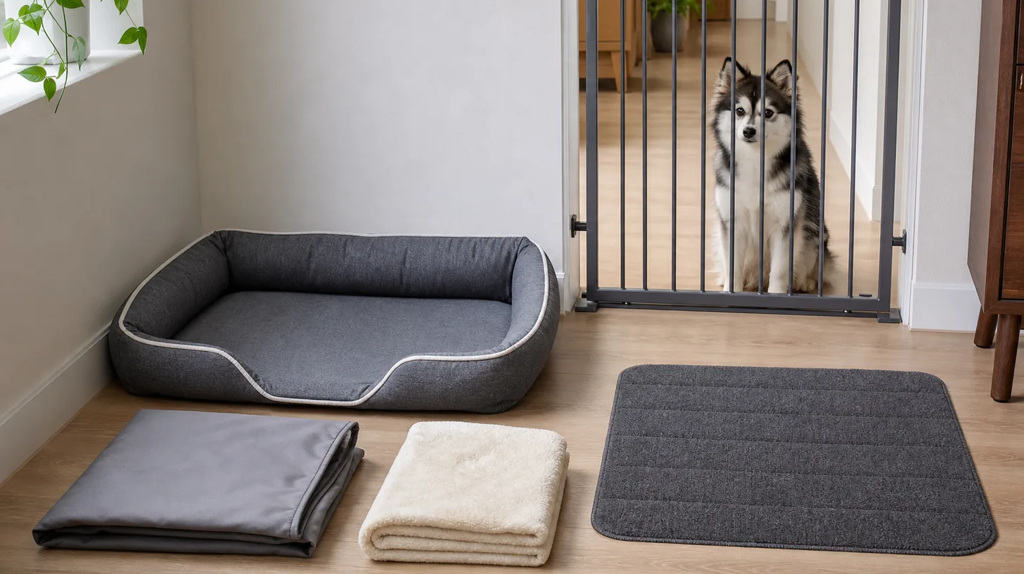 Clean dog bed with separate folded cover, blanket and floor mat ready for reset
