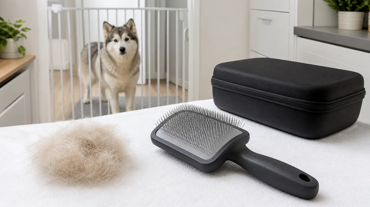 A clean slicker brush, removed hair and closed tool case sit away from a gated Pomsky