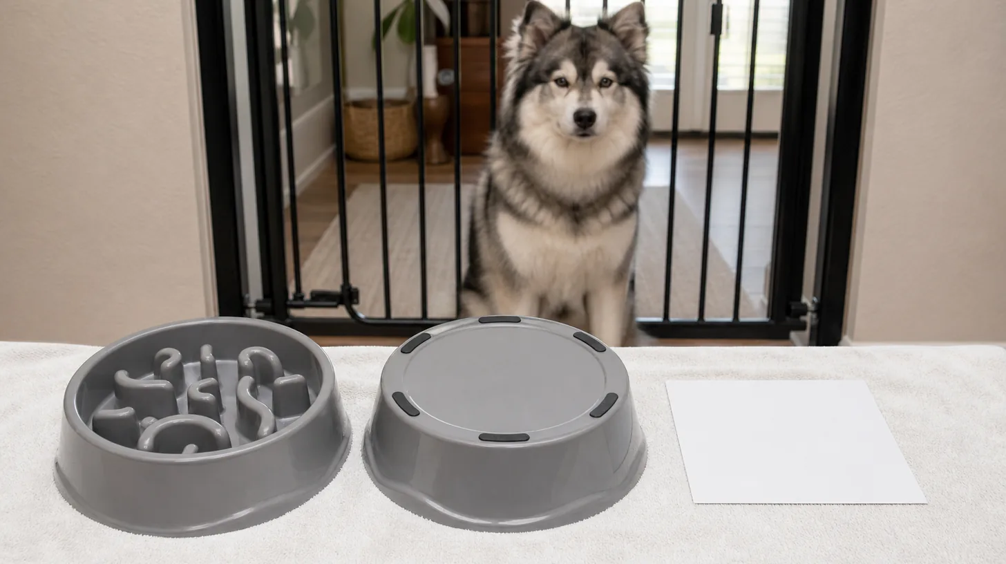 A clean slow-feeder bowl is shown upright and inverted beside a blank card and gated Pomsky