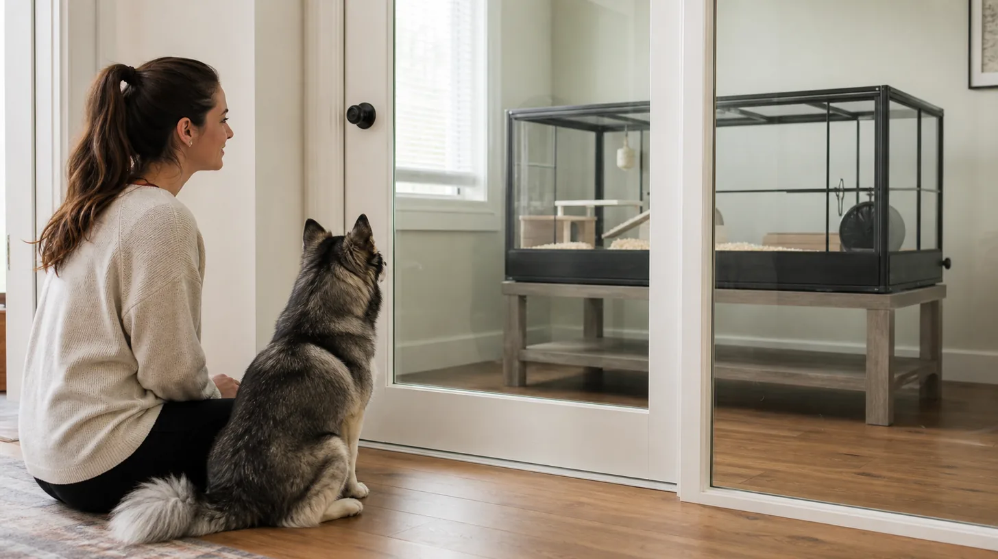 A Pomsky and caregiver remain outside a closed room containing an empty small-pet enclosure