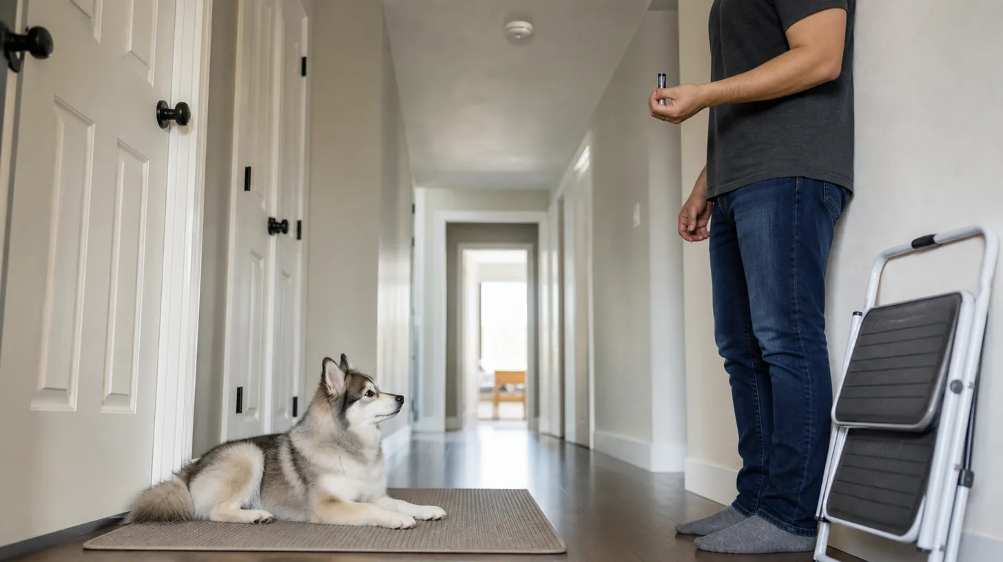 Calm Pomsky on a mat below an intact smoke detector while a caregiver holds a replacement battery