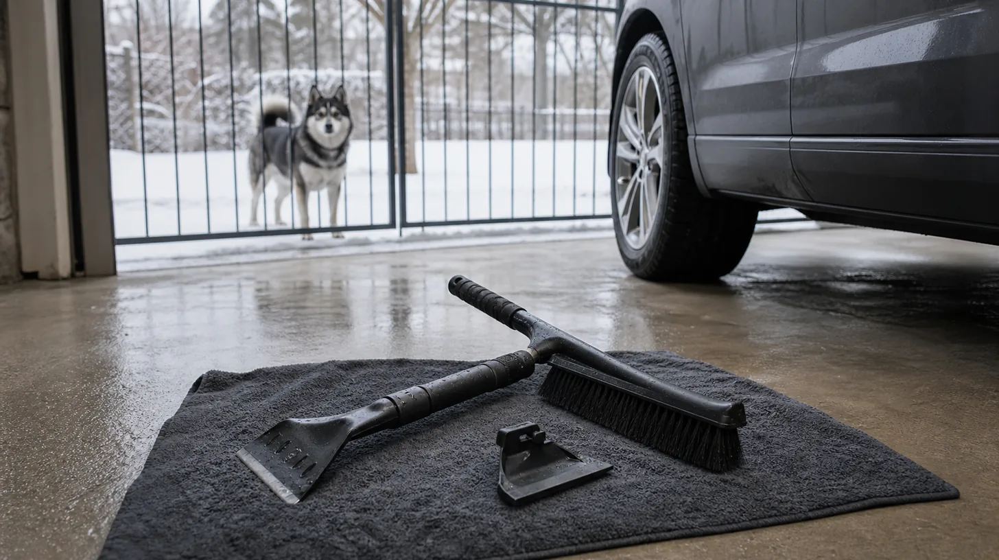 A snow brush, ice scraper and detachable parts dry beside a vehicle away from a gated Pomsky