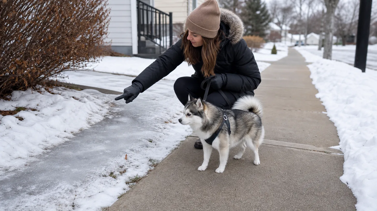 A caregiver and harnessed Pomsky inspect an icy sidewalk from a clear dry route