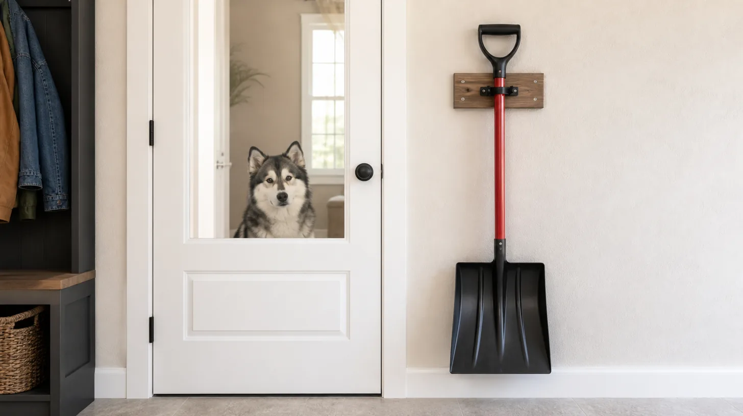 A clean dry snow shovel is secured to a wall while a Pomsky waits behind a closed door