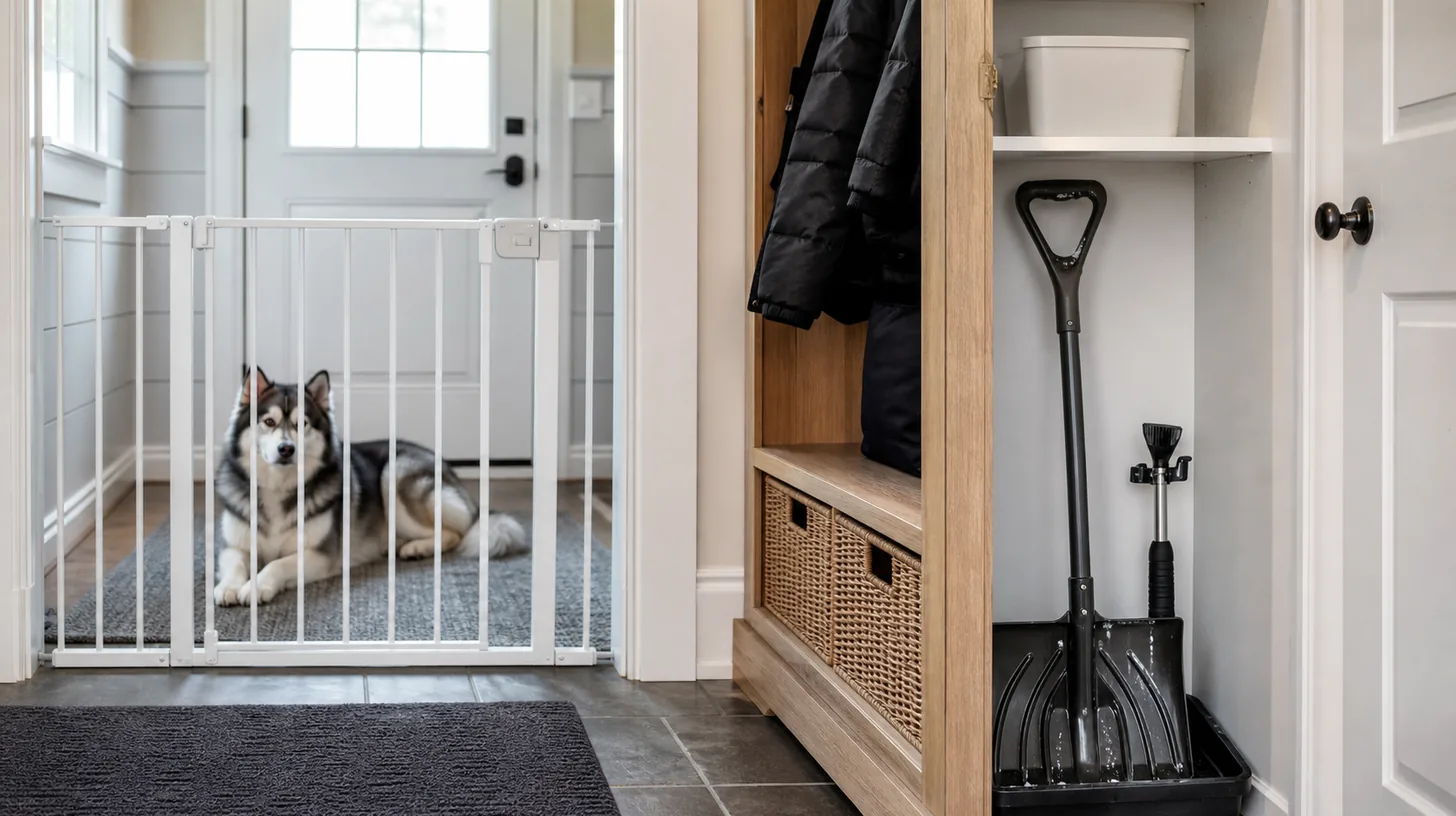 Snow tools stand in a contained entry zone while a Pomsky rests behind a closed gate