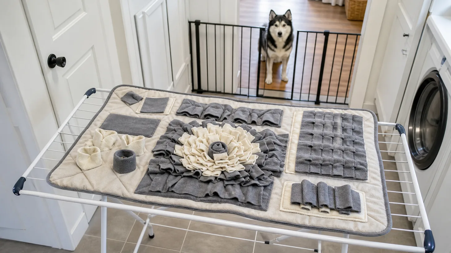 An empty snuffle mat dries fully open while a Pomsky waits behind a gate