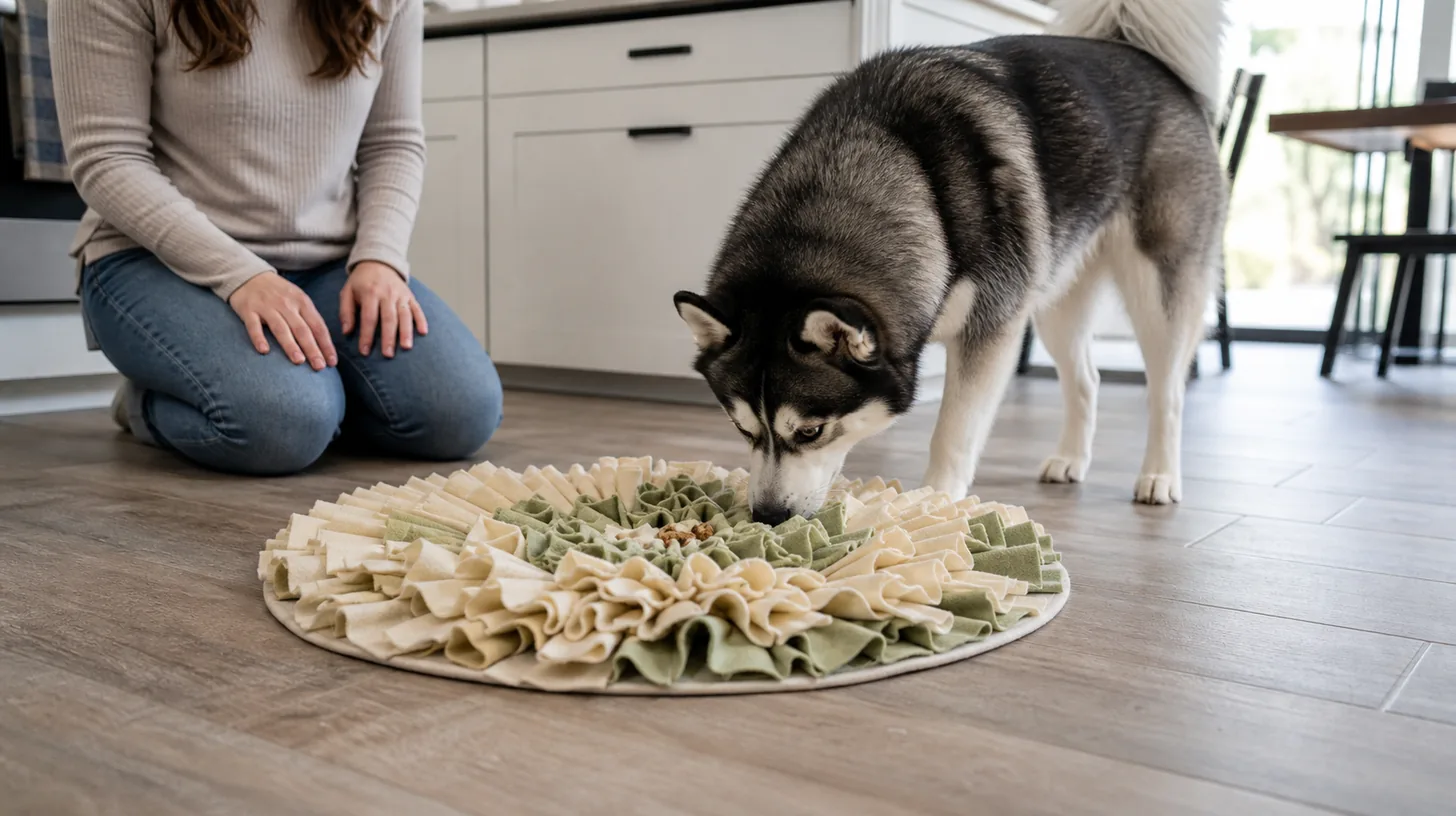 A supervised Pomsky searches an intact flat snuffle mat for a few visible food pieces