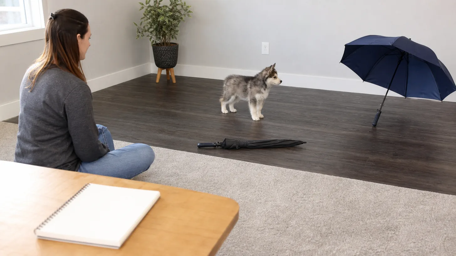 Pomsky puppy voluntarily observes umbrellas and safe floor surfaces from an open room