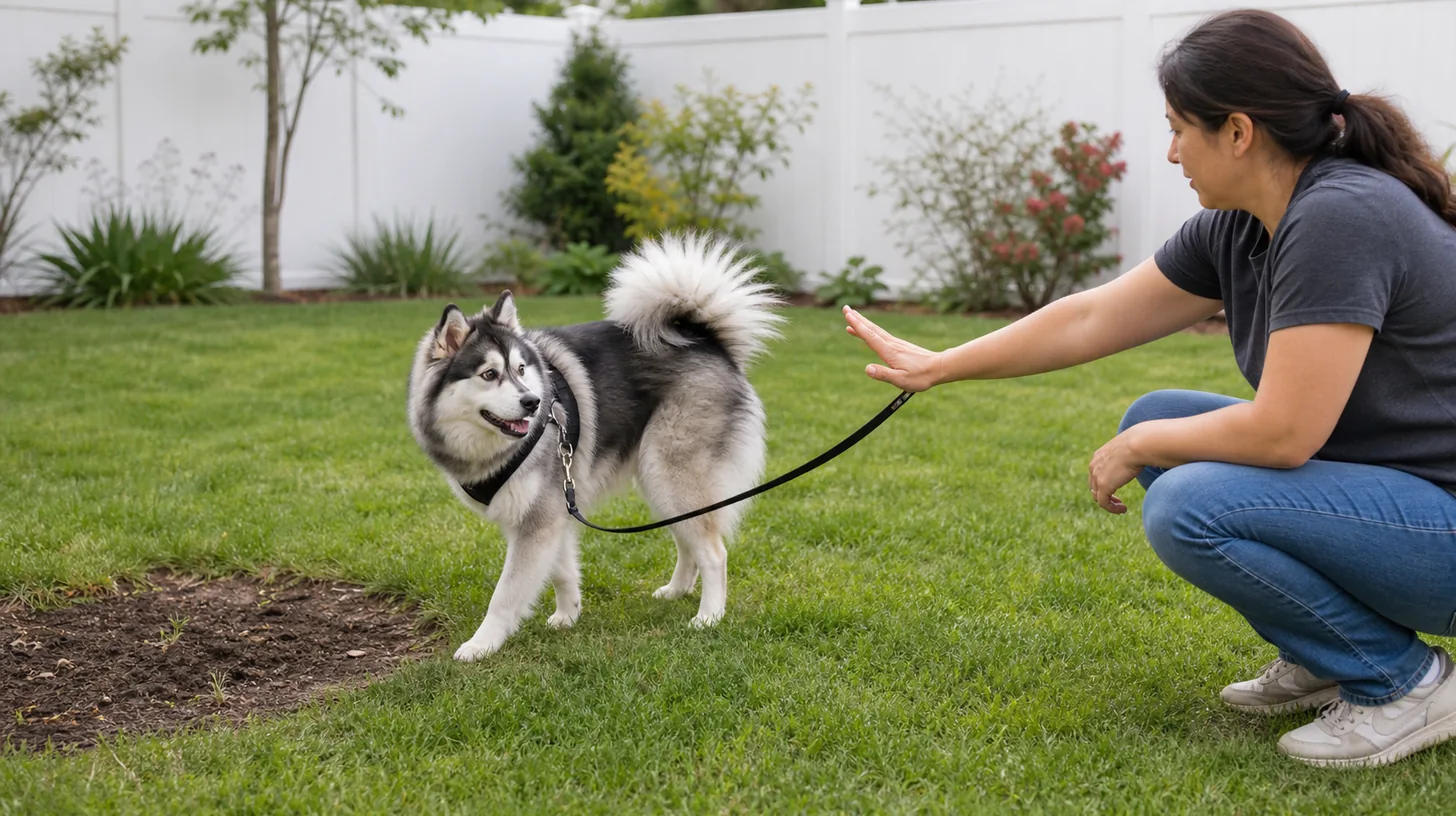A leashed Pomsky turns away from a small soil patch toward a caregiver