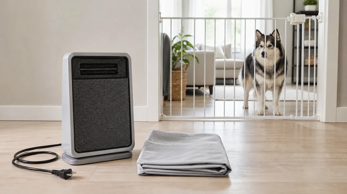 An unplugged cool space heater, loose cord and storage cover sit apart from a gated Pomsky