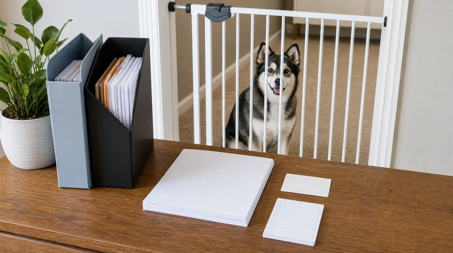 Blank follow-up sheets, version folders and task cards are reviewed away from a gated Pomsky