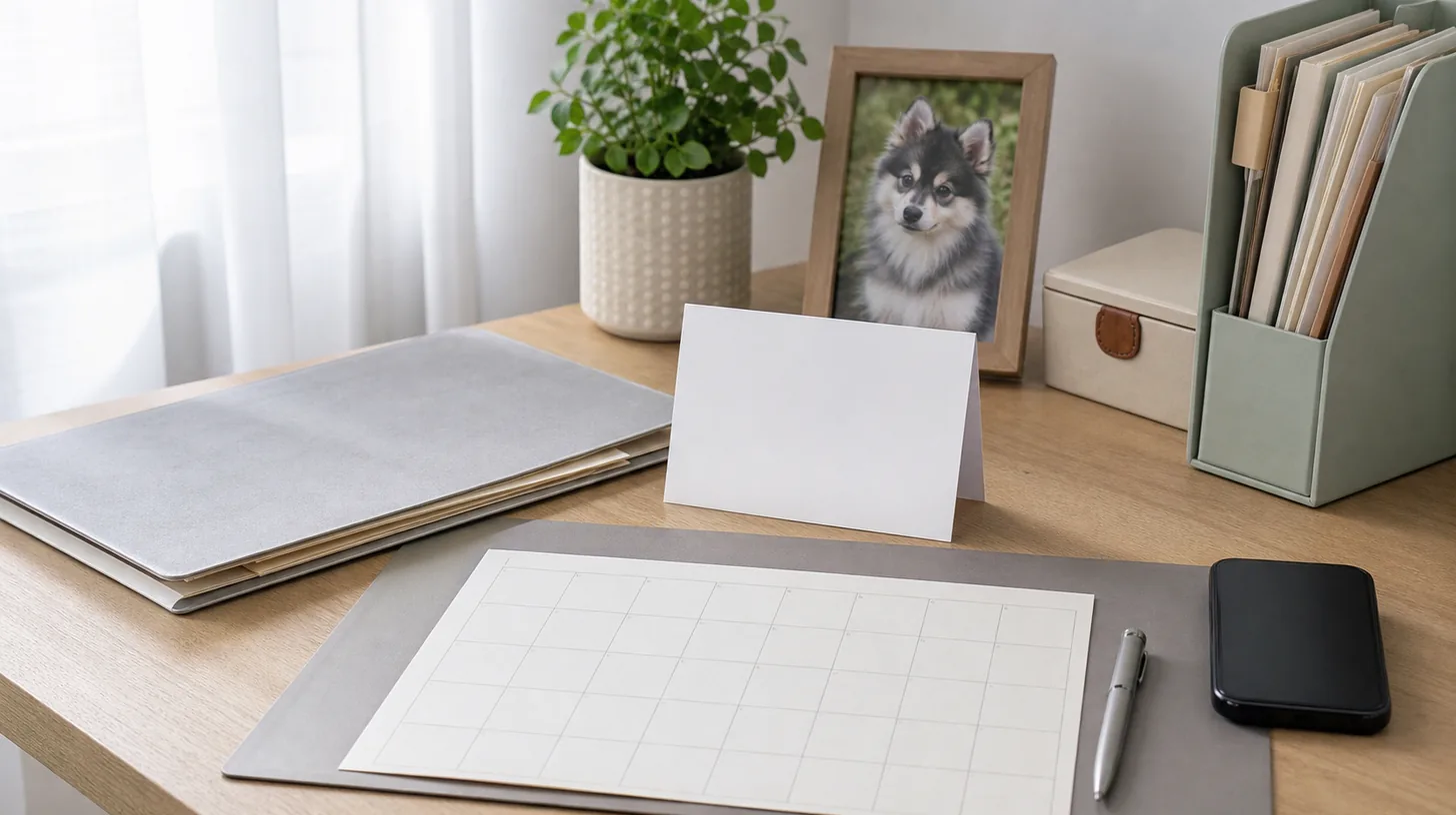 A blank offer card, calendar, referral folder and face-down phone are organized on a desk