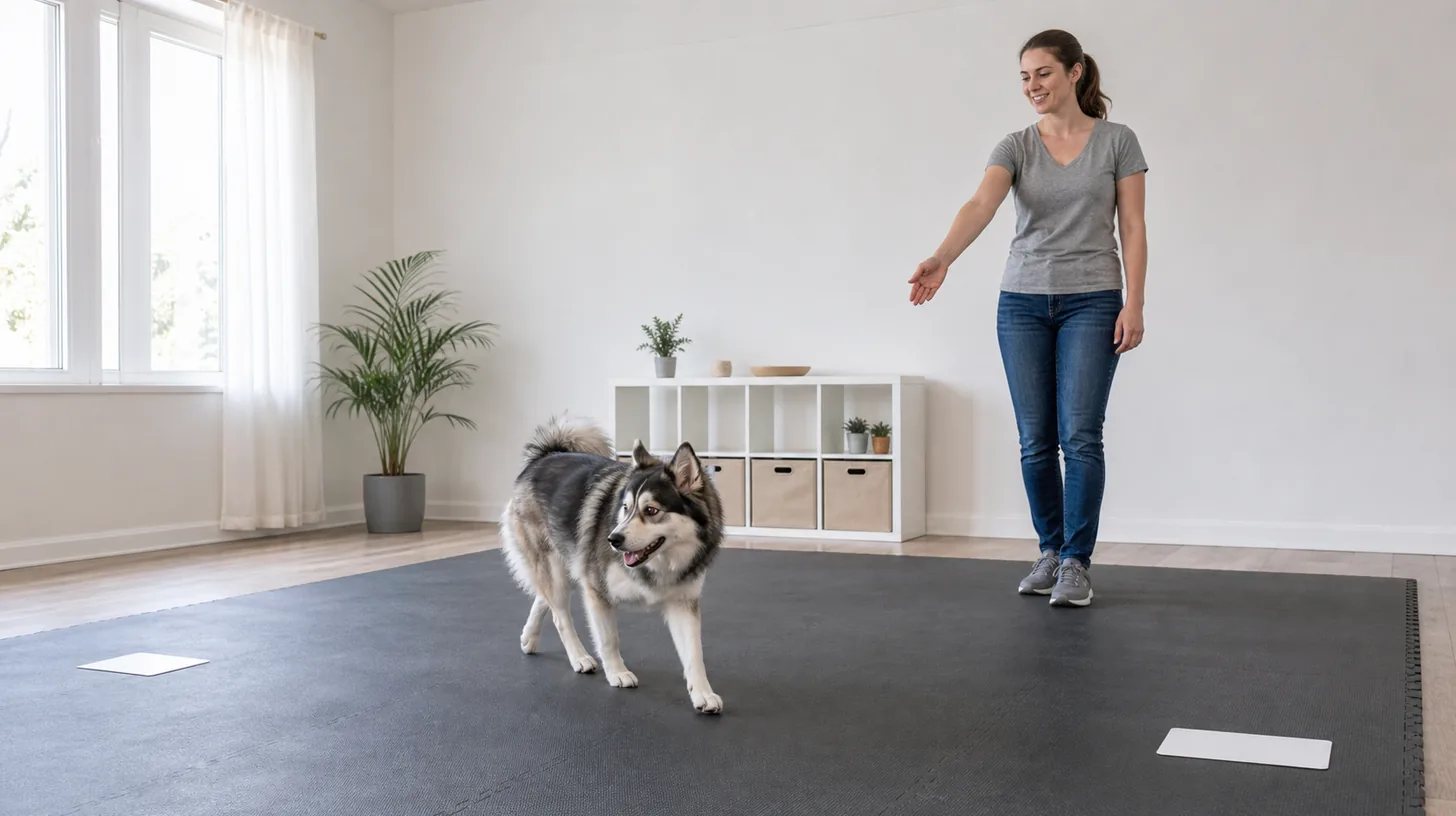 Pomsky makes one slow wide turn on a nonslip training mat while a handler gives a small directional cue