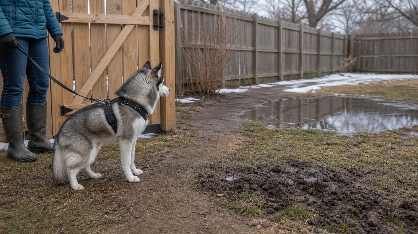 A leashed Pomsky waits by a closed gate while thawing yard hazards are inspected