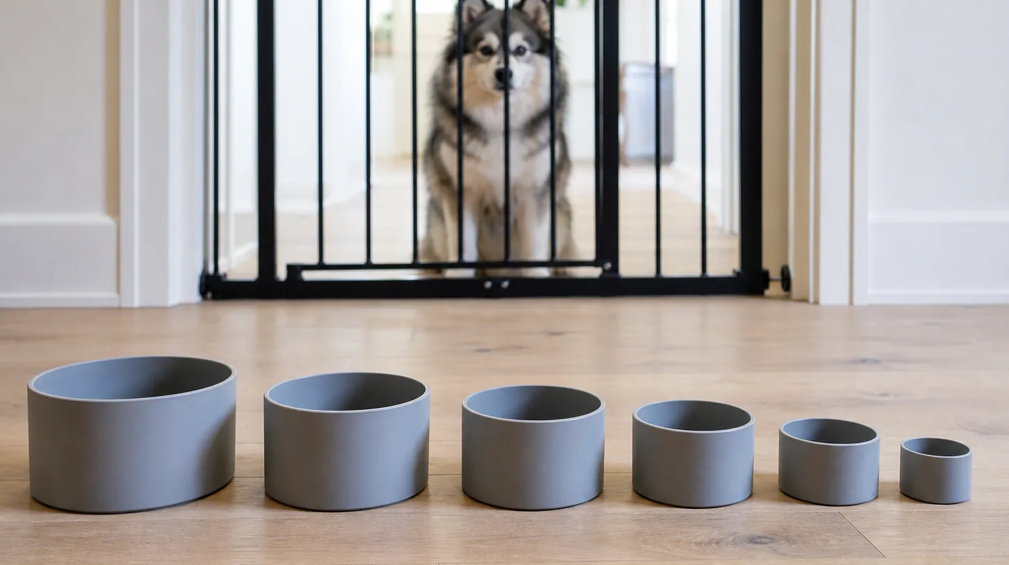 Six plain stacking cups arranged by size with rims, sides and bases visible