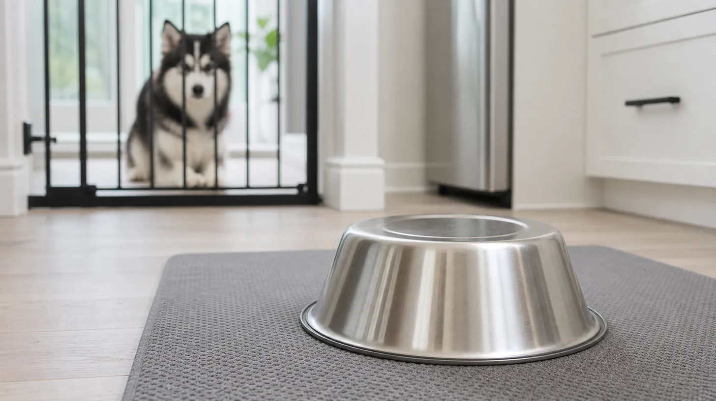 An empty stainless food bowl dries upside down while a Pomsky remains behind a gate