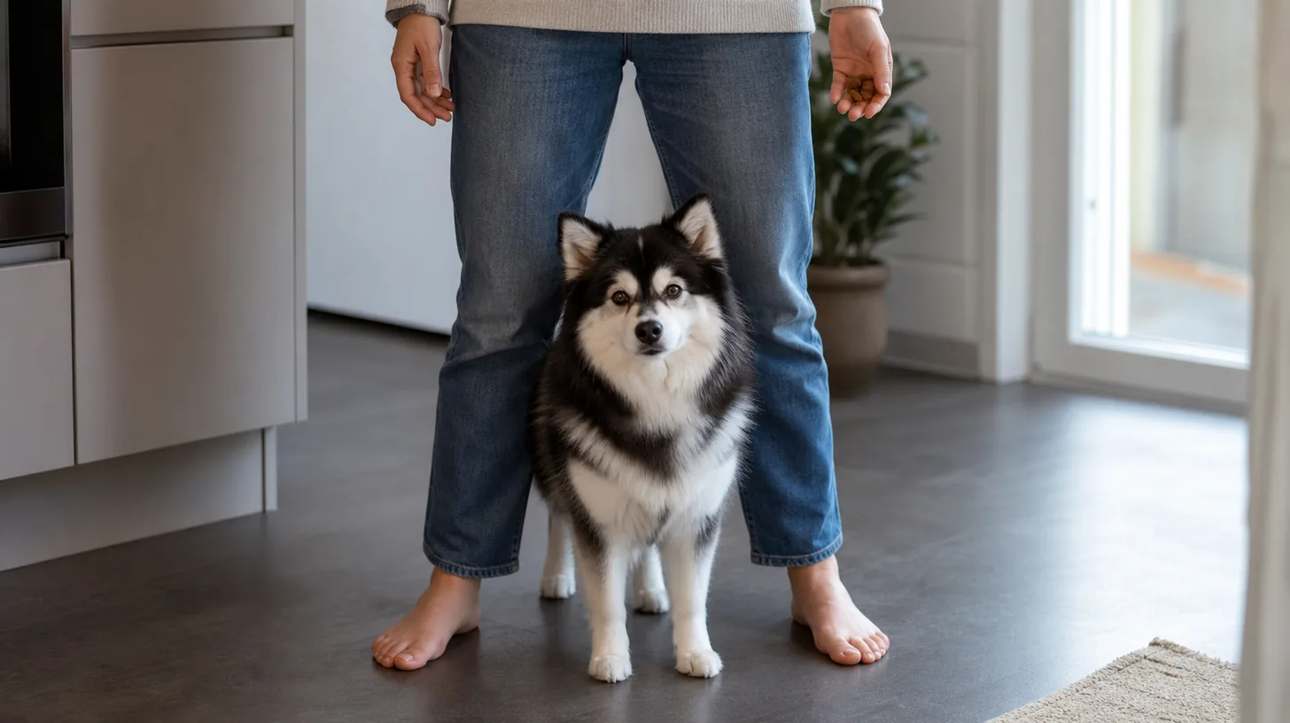 Pomsky voluntarily standing between a caregiver's legs on a nonslip floor with an open exit