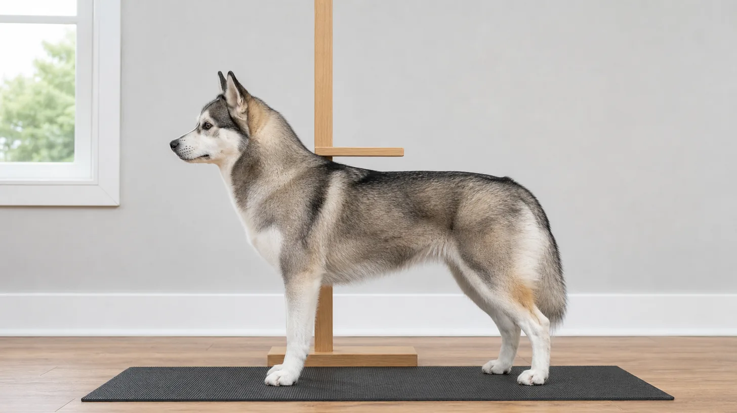 A Pomsky stands squarely beside a plain height gauge aligned at the withers