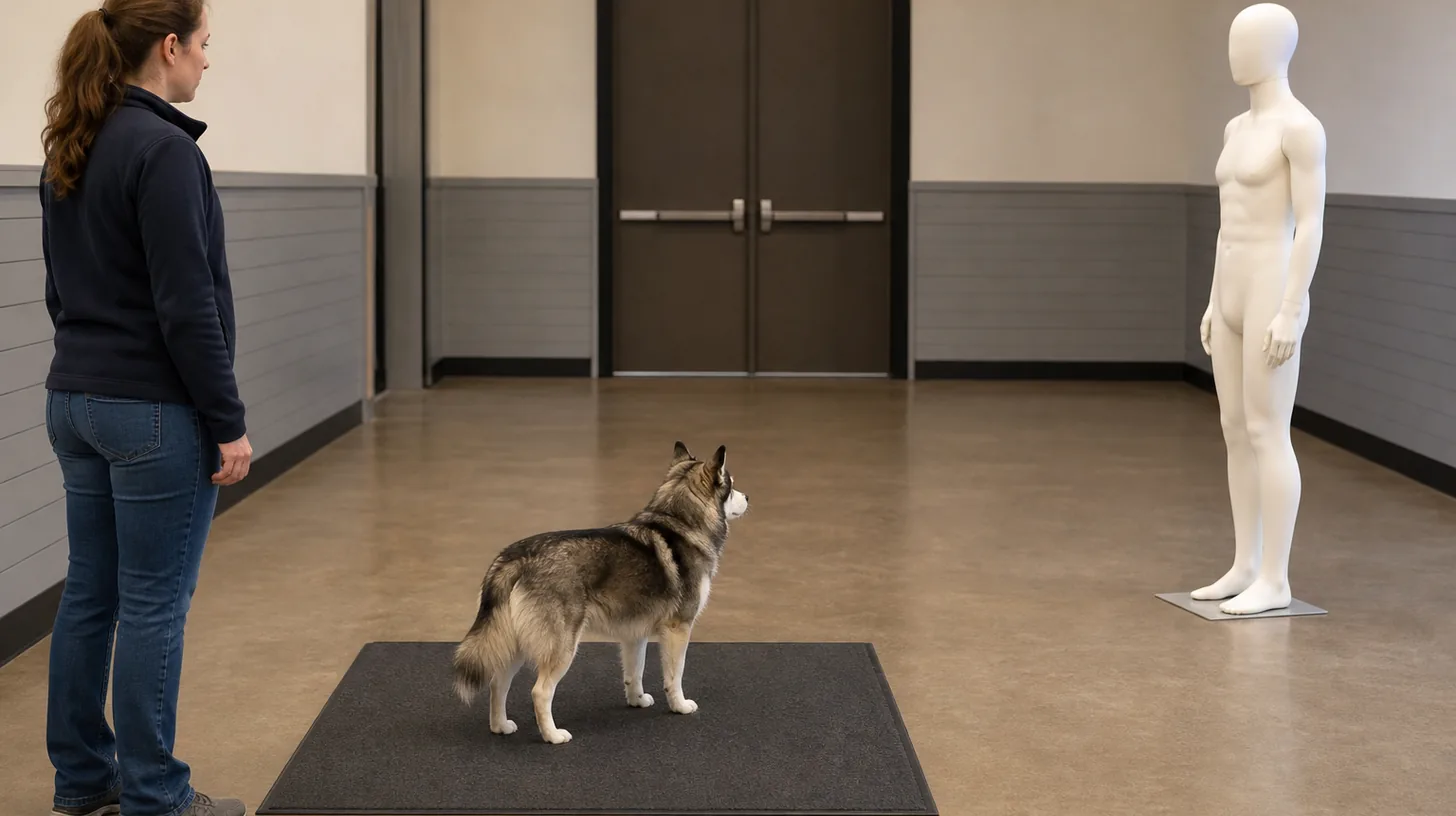 A Pomsky observes a featureless stationary mannequin from a wide distance