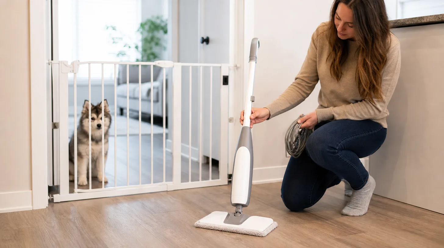 Pomsky behind a closed gate while a caregiver checks an unplugged steam mop on a dry floor