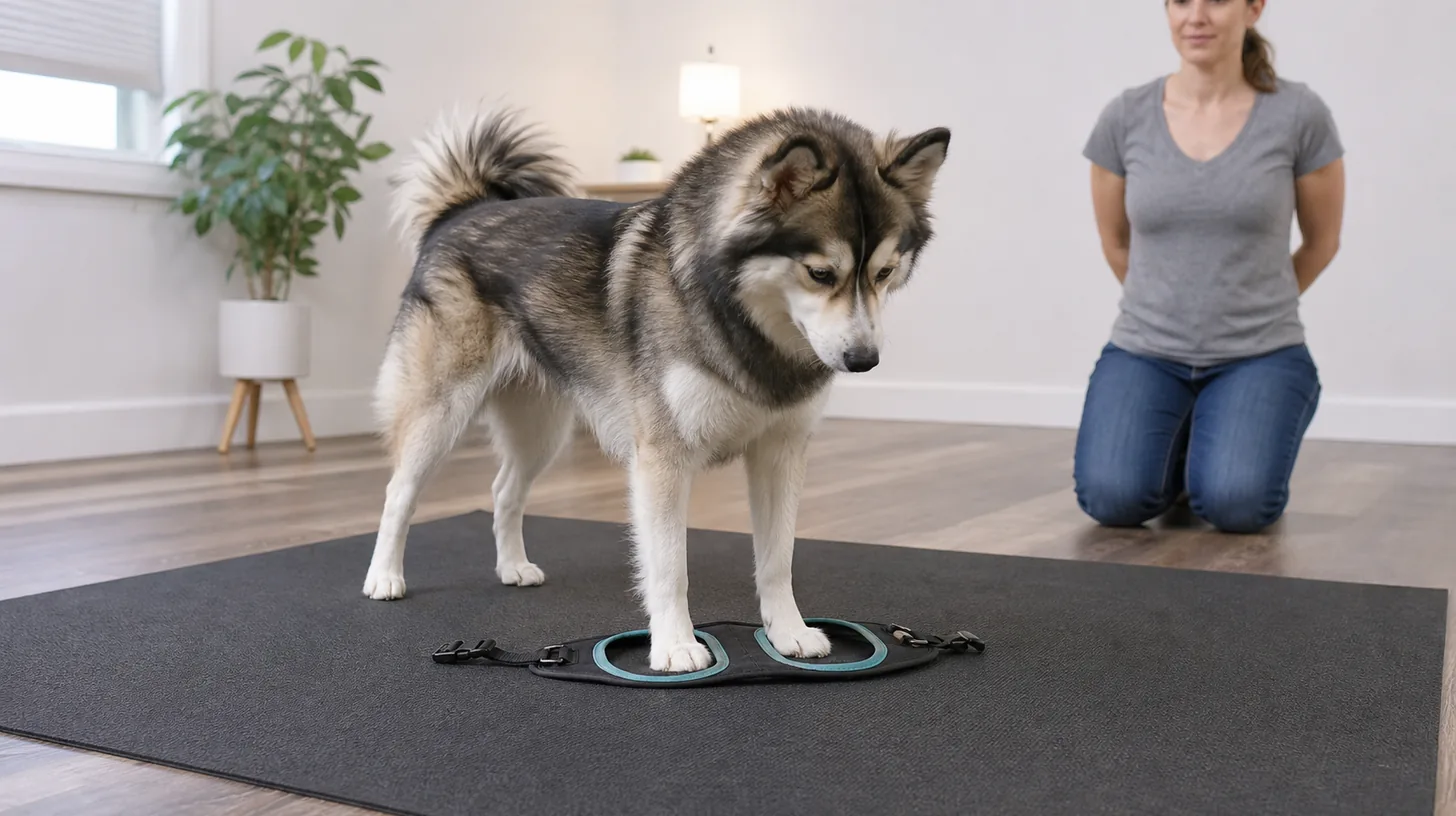 Pomsky voluntarily places one front paw in each open step-in harness loop while the handler keeps hands back