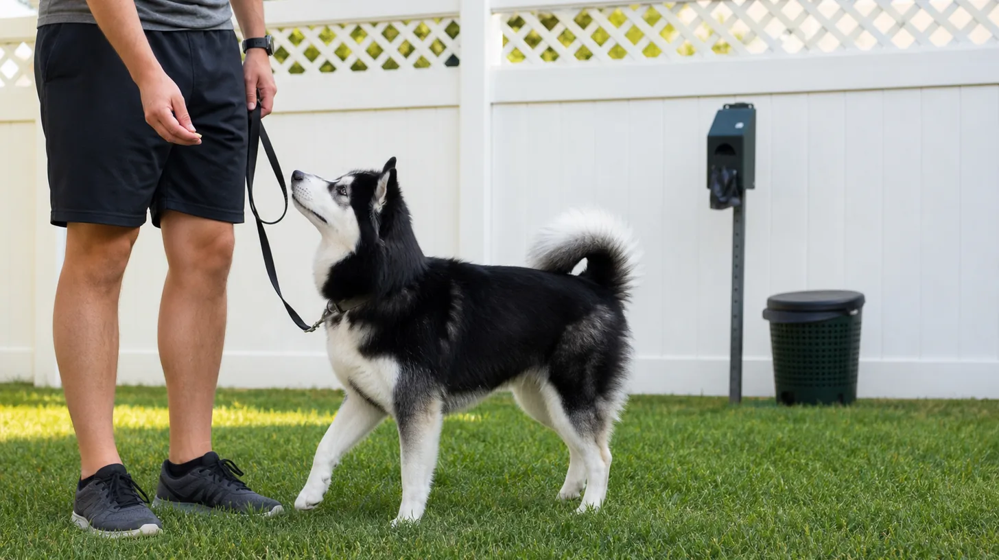 A leashed Pomsky turns toward a caregiver beside a prepared outdoor waste station