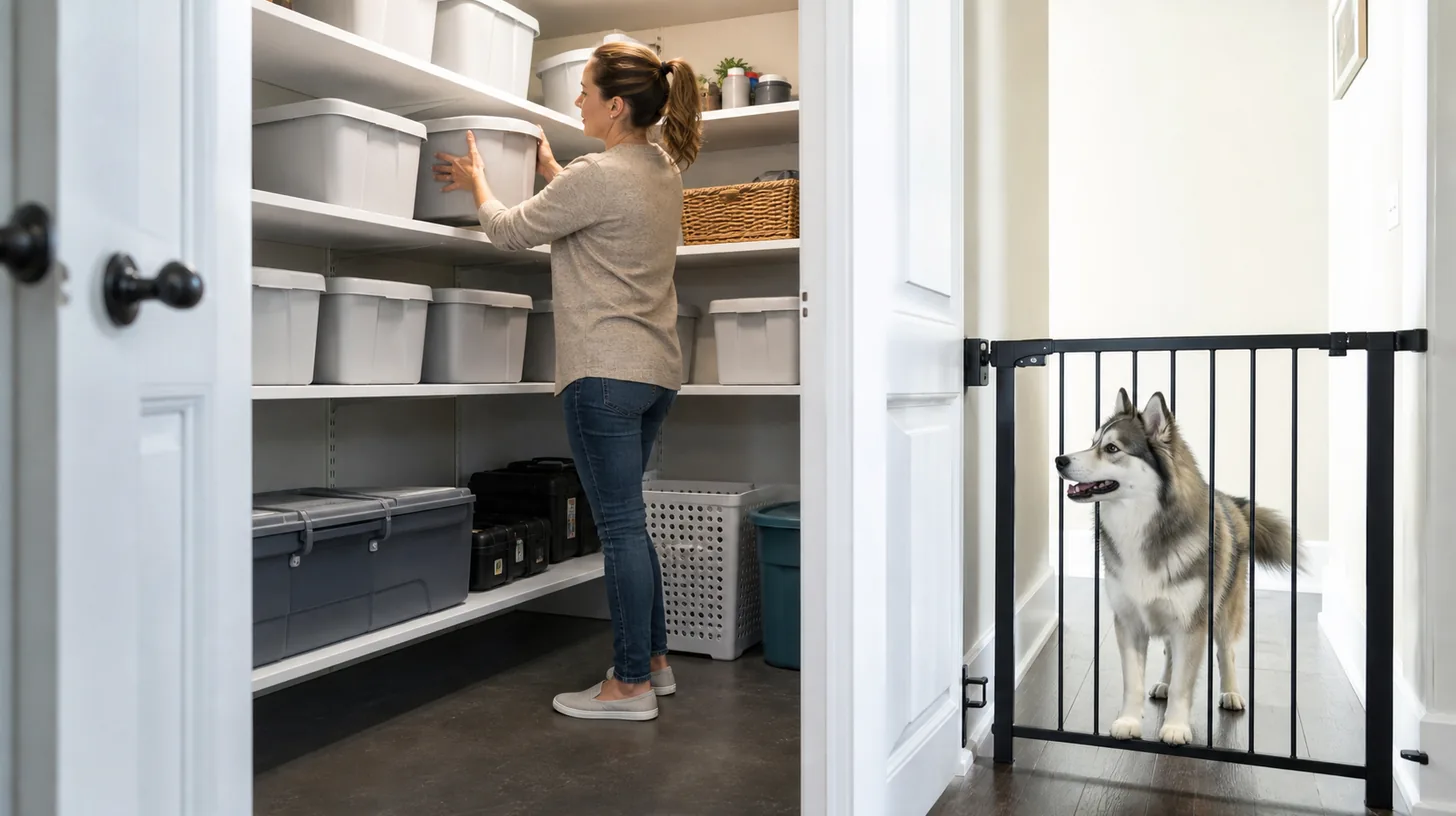 Caregiver organizes closed storage bins while a Pomsky waits behind a closed gate