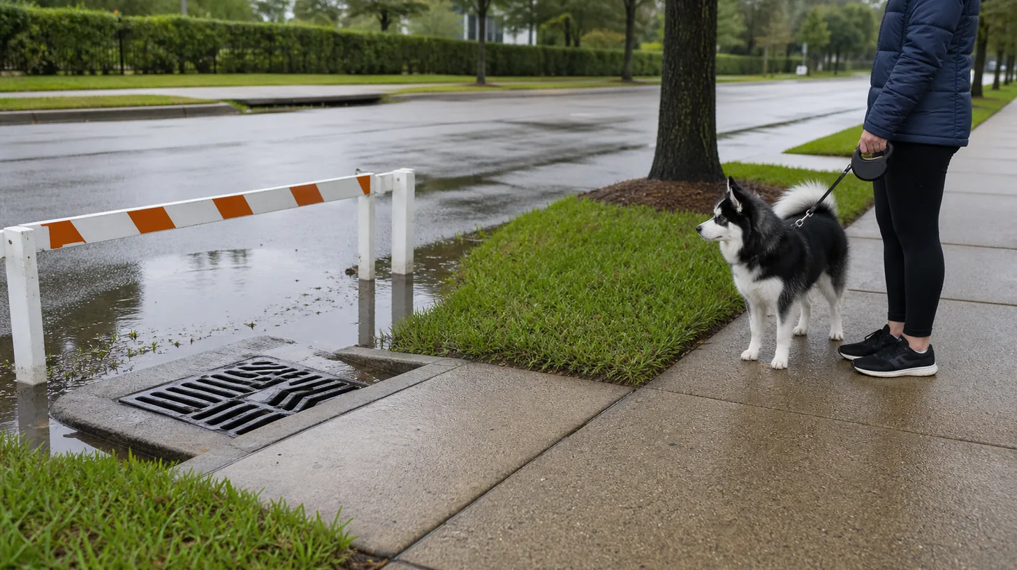 A barrier blocks standing water near a storm drain while a Pomsky remains on a dry path