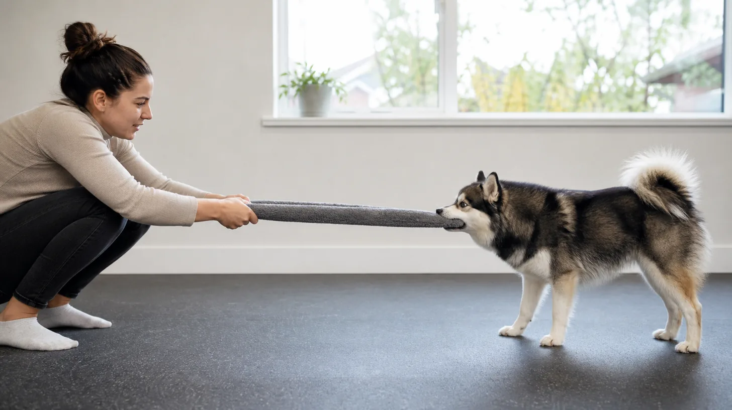Pomsky plays a low horizontal tug game using a long soft toy