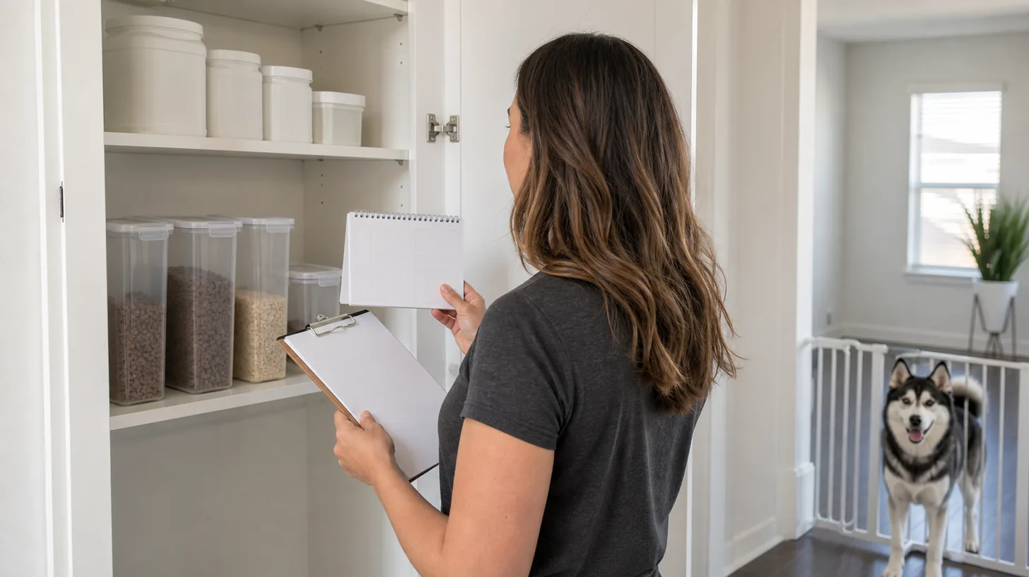 Caregiver checking stored Pomsky supplies with a blank checklist
