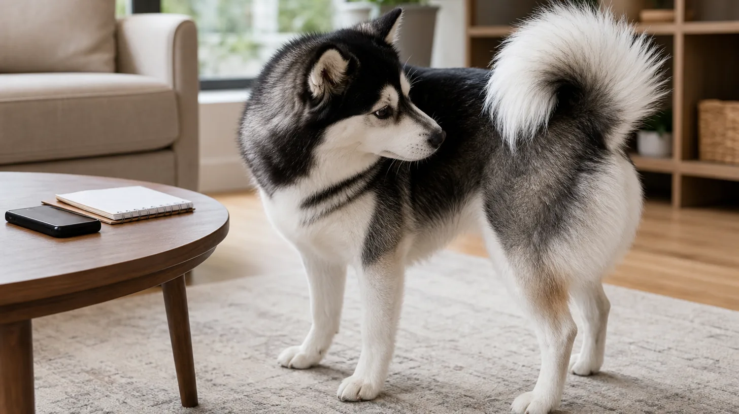A Pomsky stands normally and glances toward its tail beside an observation notebook