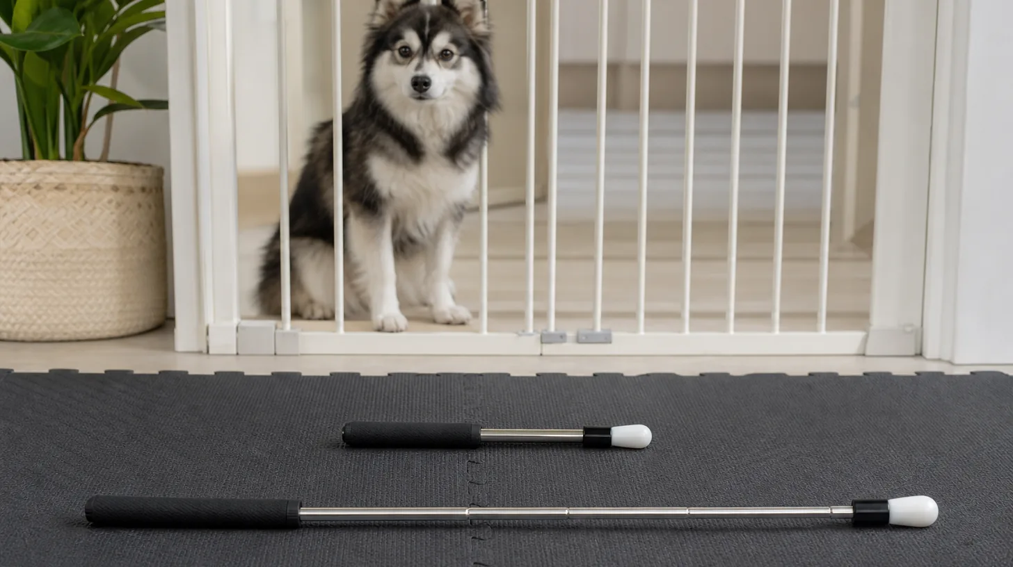 A collapsed target stick and an extended target stick rest away from a gated Pomsky