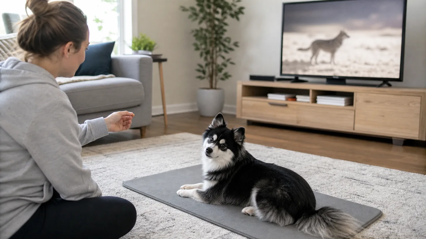 Relaxed Pomsky on a mat at a comfortable distance from a plain television
