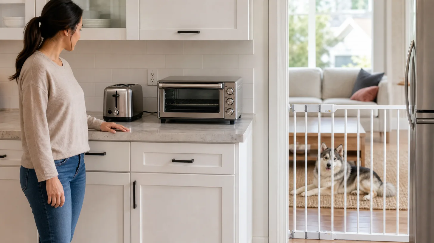 Caregiver supervises a toaster and toaster oven while a Pomsky rests outside the gated kitchen