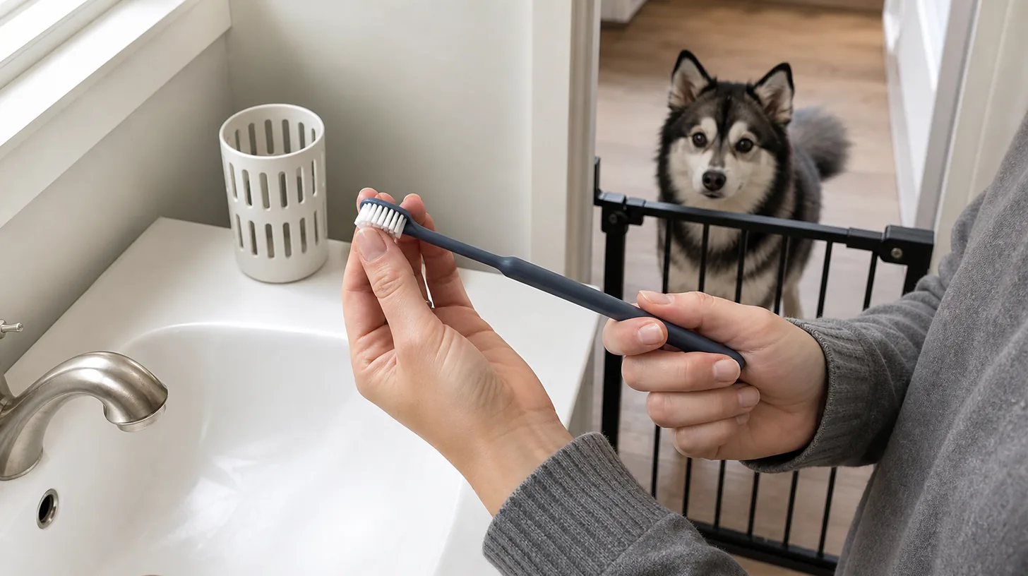 Caregiver inspects a plain dog toothbrush at a clean sink while a Pomsky waits separately