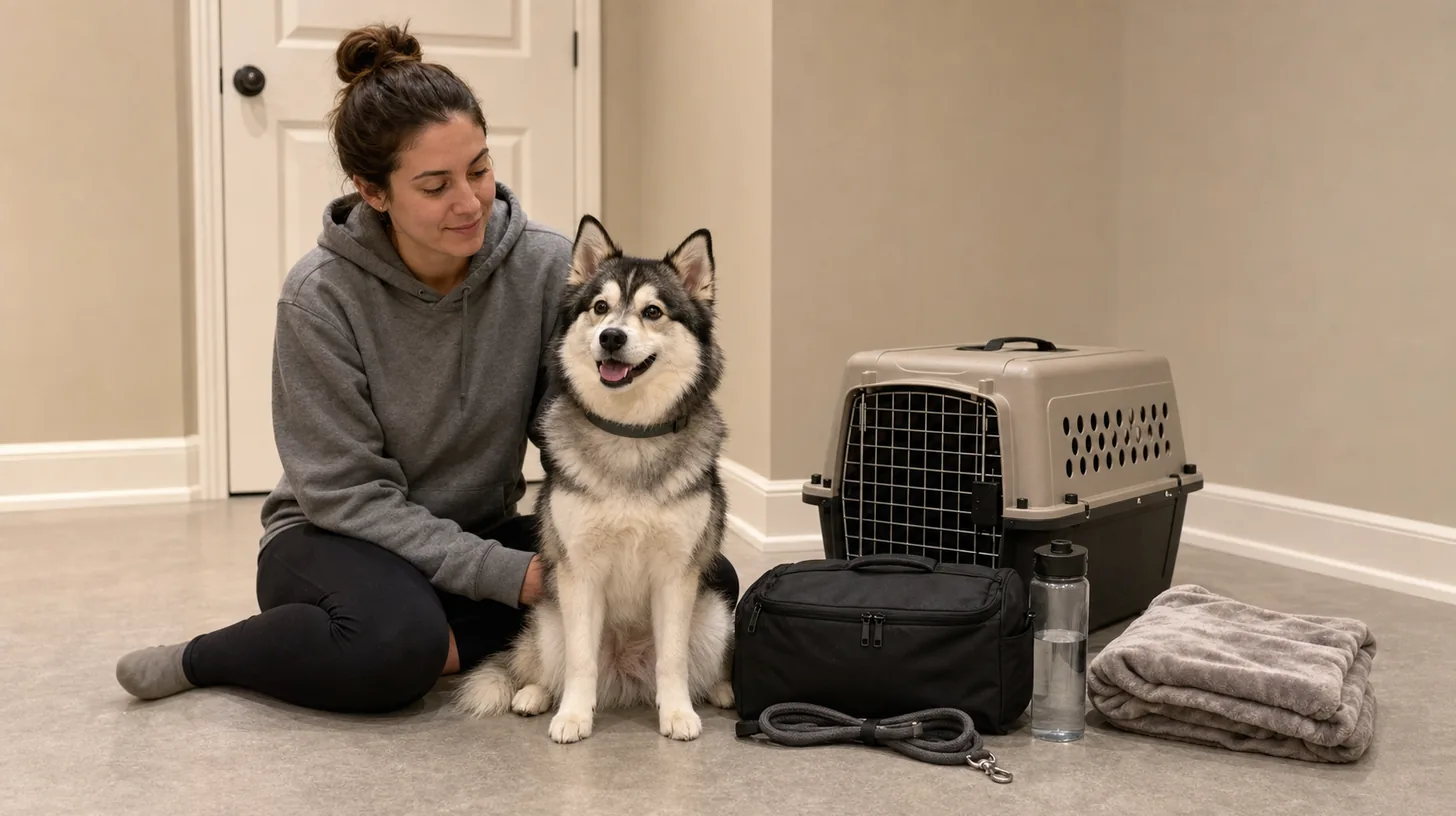 Caregiver and Pomsky wait in an interior shelter area with a carrier and supplies