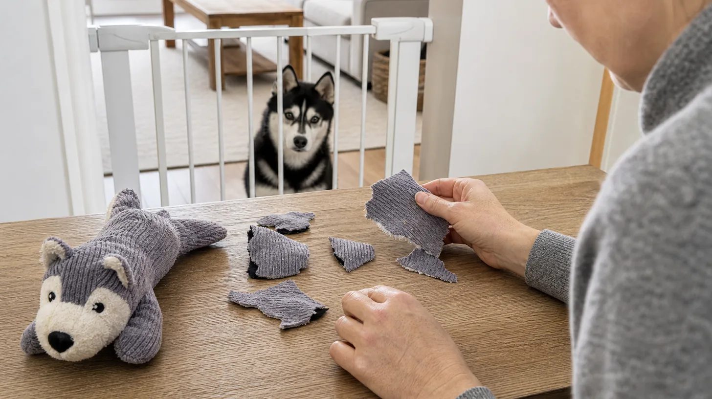 A Pomsky waits behind a gate while a caregiver inventories recovered toy pieces on a table