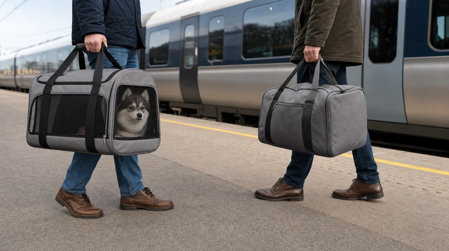 Two adults carry a closed Pomsky carrier and travel bag away from a stationary train