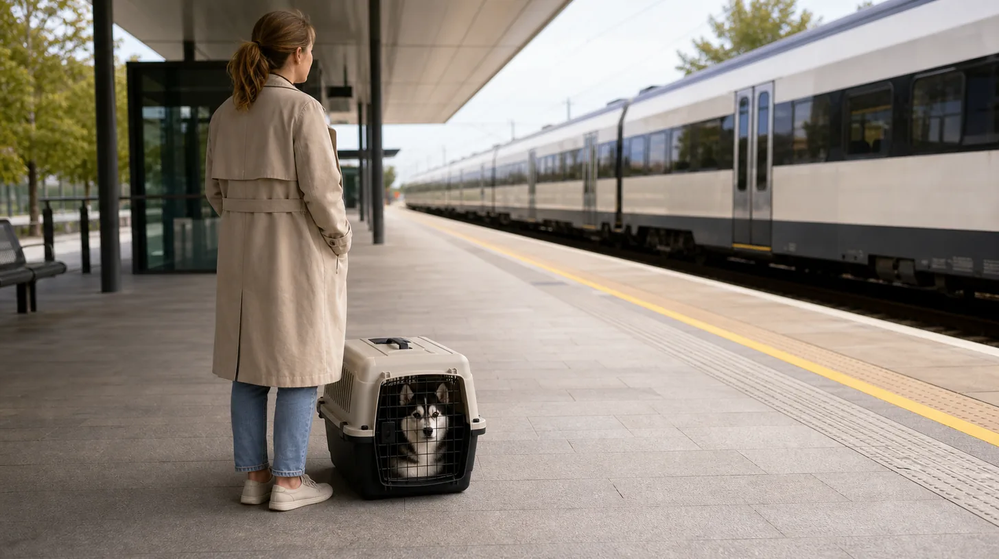 Caregiver with a closed dog carrier waiting well back from a generic train platform edge