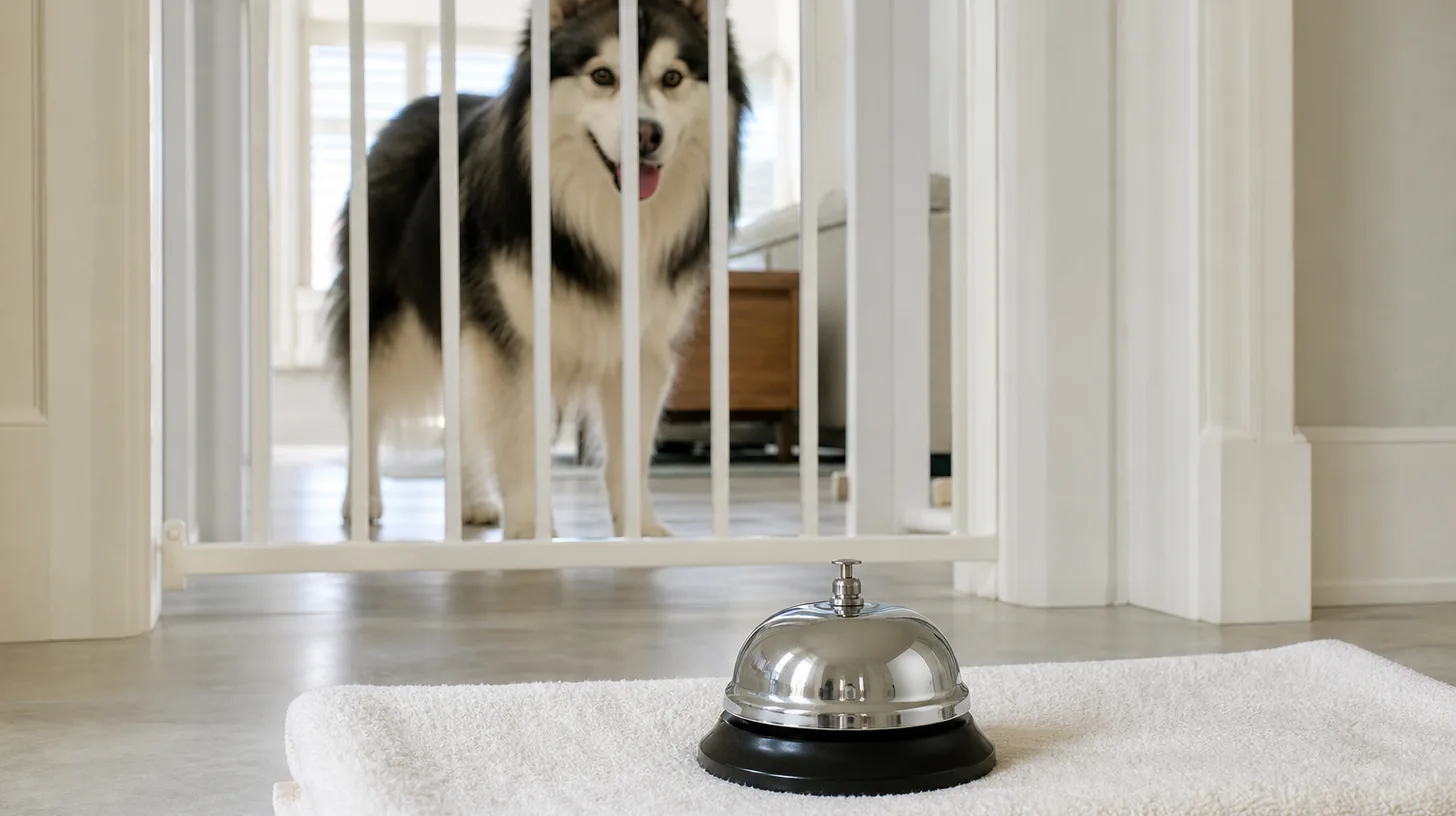 Plain metal training bell on a folded mat with button, dome and base visible